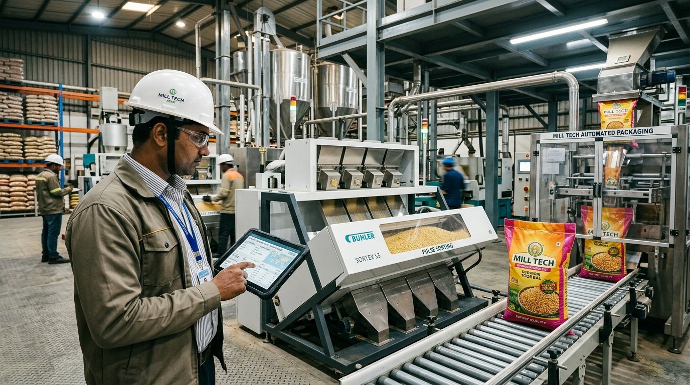 Modern automated Sortex pulse dal mill and industrial manufacturing plant in India with operations manager inspecting production