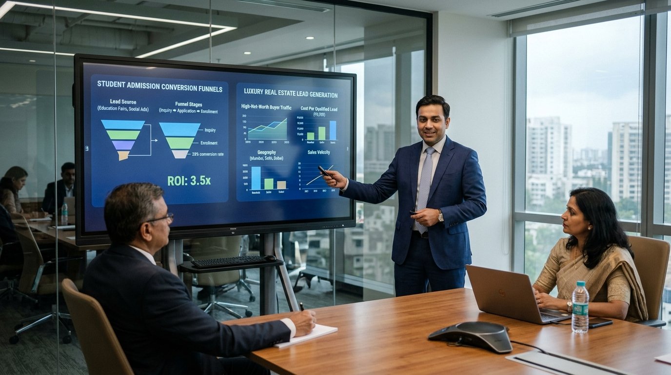 Digital growth consultant presenting student admission funnels and luxury real estate leads in Indian boardroom