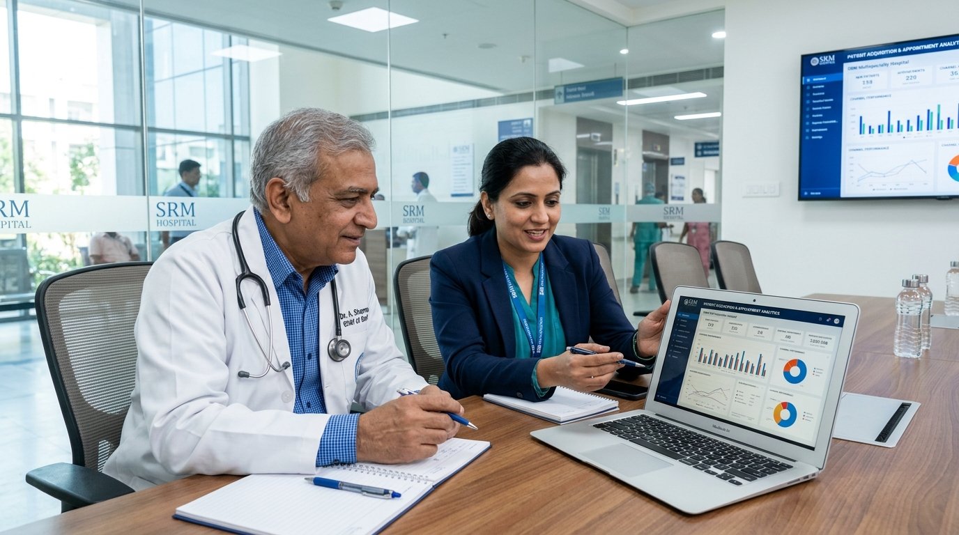 Senior hospital doctor and healthcare digital marketing director in modern multispecialty hospital in India reviewing patient acquisition analytics