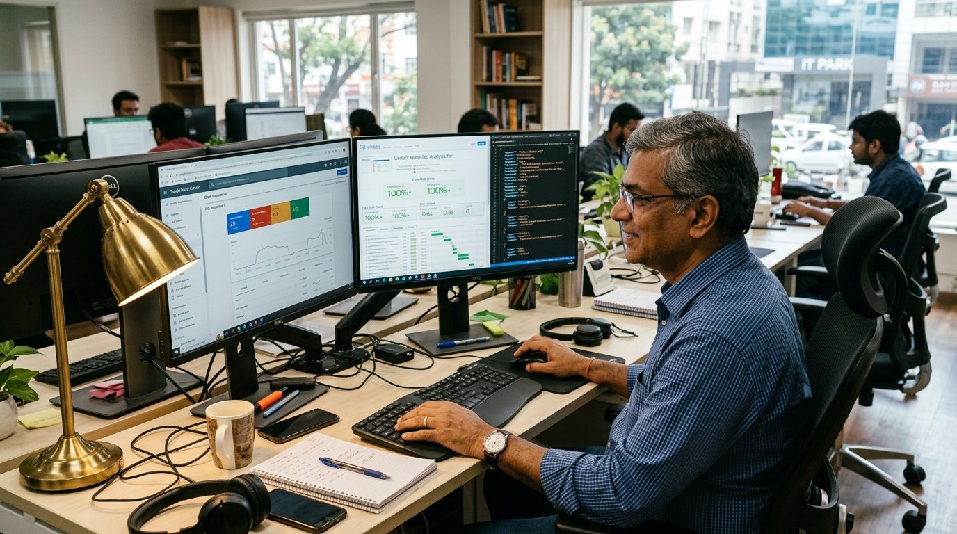 Senior Technical SEO Consultant Er. Jagmohan Kurmi auditing Core Web Vitals and Schema in modern India tech studio